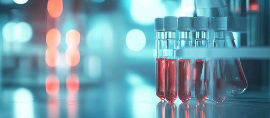 workspace vacuum tubes for gathering blood samples on a white table with a light and blue toned background blurred and selectively focused