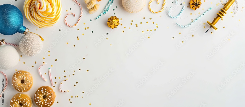 Poster Hanukkah banner design featuring a menorah sufganiyot and a spinning top on a white background Top view from above Flat lay. with copy space image. Place for adding text or design