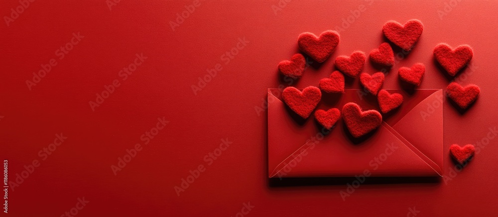 Aufkleber Background for your Valentine s Day greetings an envelope adorned with felt hearts on a red background Top view. with copy space image. Place for adding text or design