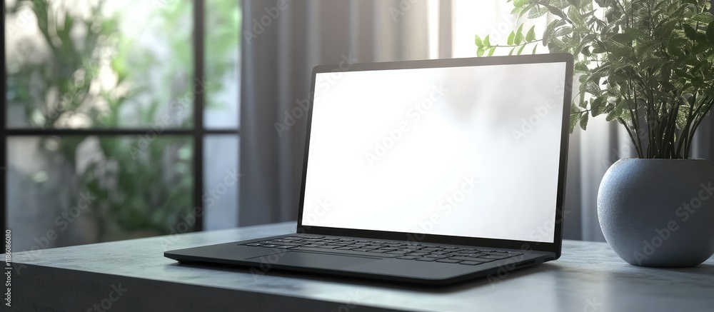Poster aluminum professional laptop with an open blank screen in a contemporary interior the idea of workin