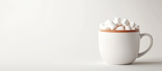 A white cup filled with coffee and marshmallows against a white background. with copy space image. Place for adding text or design