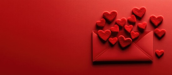 Background for your Valentine s Day greetings an envelope adorned with felt hearts on a red background Top view. with copy space image. Place for adding text or design