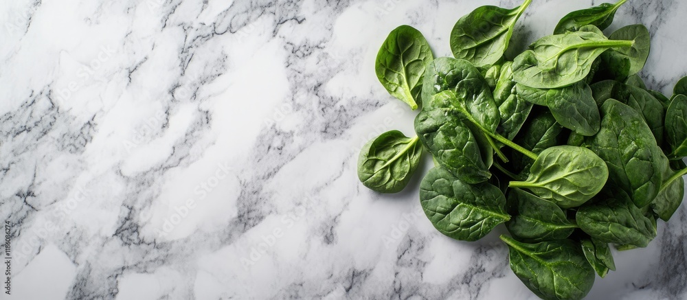 Fototapete flat lay arrangement featuring cooked spinach on a grey marble table nutritious food. with copy spac
