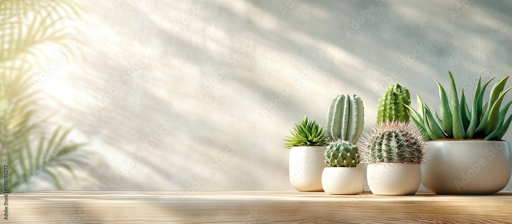 Aufkleber potted cacti on the tabletop are air purifying plants for your home or office. with copy space image