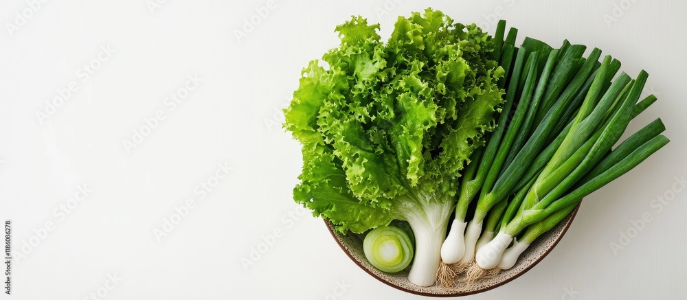 Poster three green onions and lettuce in a bowl on a white backdrop top to bottom layout. with copy space i