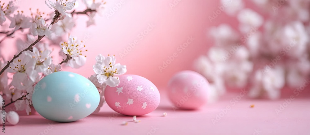 Fototapete easter eggs and spring blooms on a pink backdrop. with copy space image. place for adding text or de