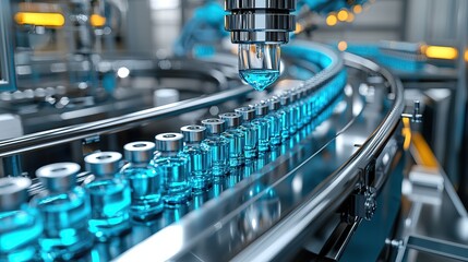 Advanced Pharmaceutical Production Line Filling Blue Liquid into Glass Vials in a Sterile Environment