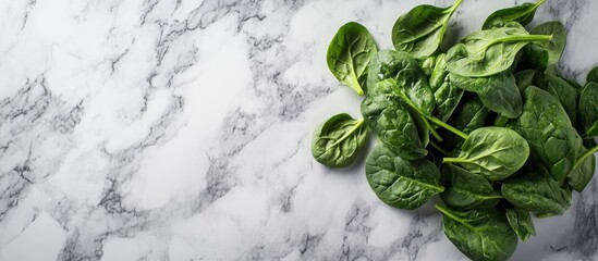 Obraz premium Flat lay arrangement featuring cooked spinach on a grey marble table Nutritious food. with copy space image. Place for adding text or design