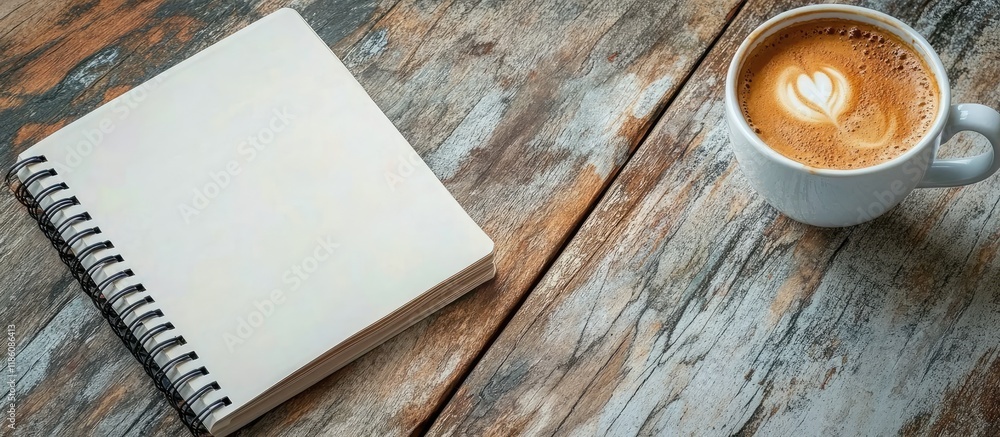 Poster empty notebook with a cup of coffee on a weathered wooden table. with copy space image. Place for adding text or design