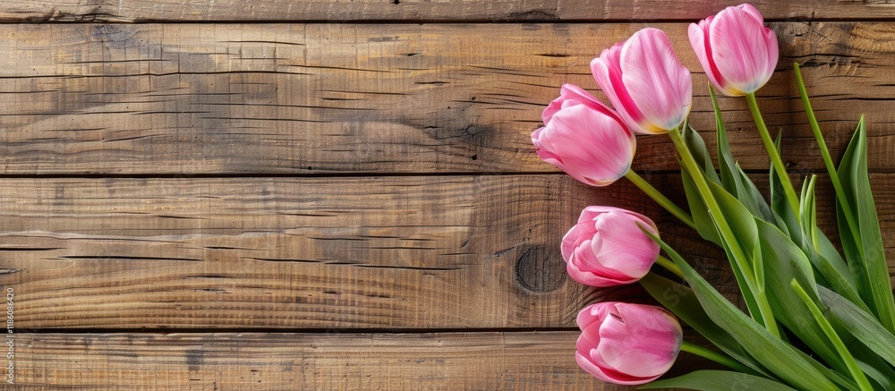 Aufkleber happy mother s day lovely pink tulips arranged on a wooden table viewed from above area for text. wi