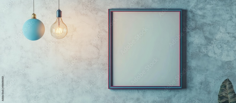 Poster An empty colorful picture frame mockup features a blue ball and a light bulb hanging against a white concrete wall providing copy space for adding or filling in text The framework serves as a backg