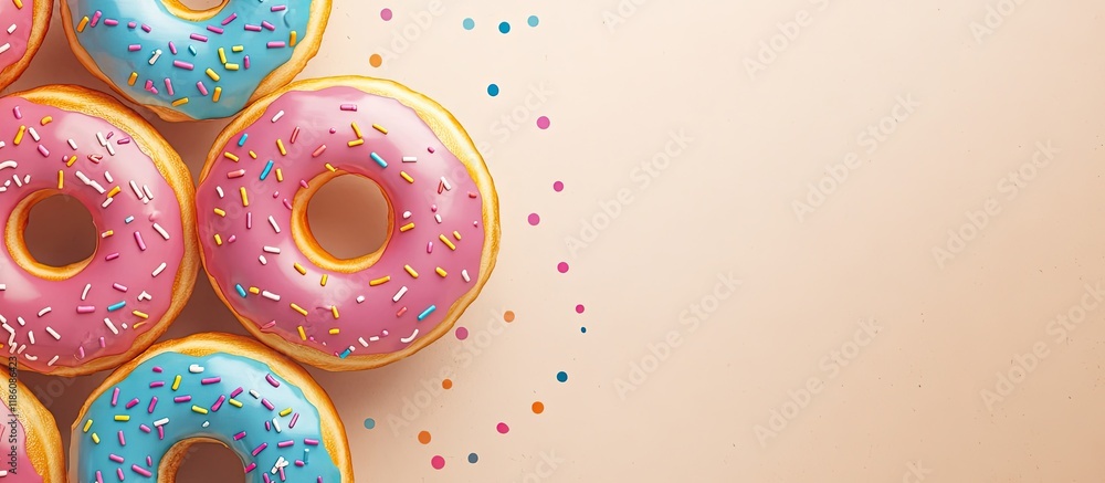 Poster colorful donuts set against a beige kraft paper background with bright polka dots. with copy space i