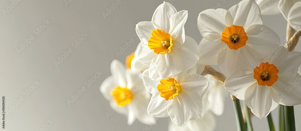 Poster white daffodils close up. with copy space image. Place for adding text or design