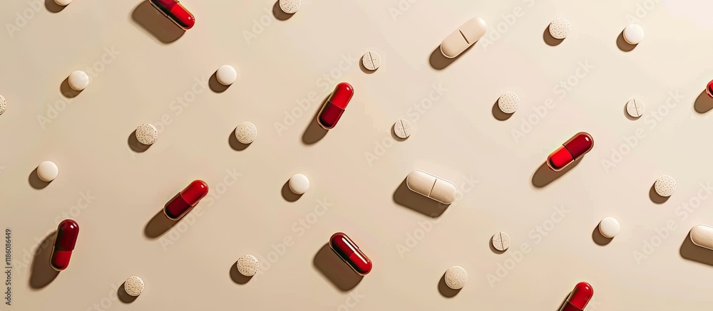 Poster Different capsules and pills on a beige background. with copy space image. Place for adding text or design