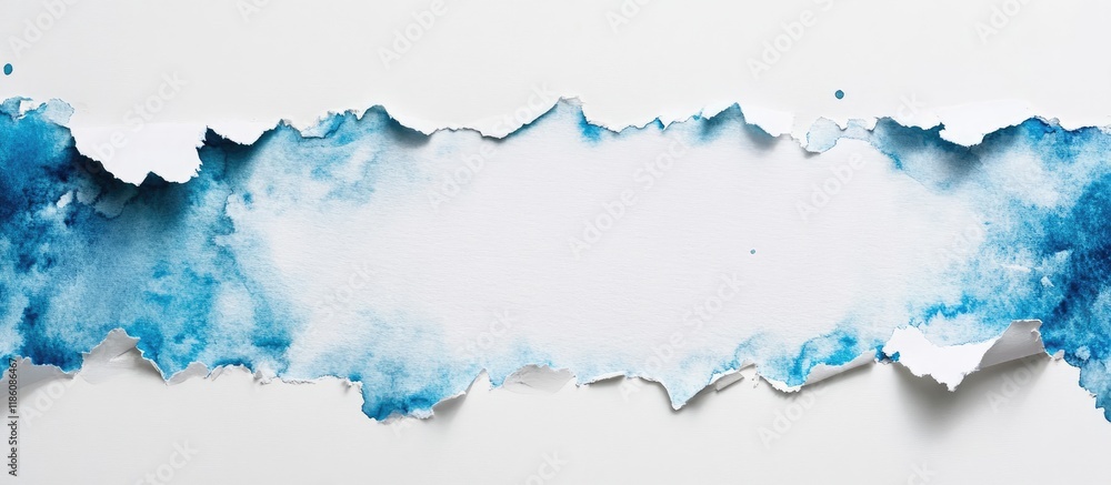 Poster paper scraps in various shapes a white torn paper piece featuring blue watercolor streaks on a white