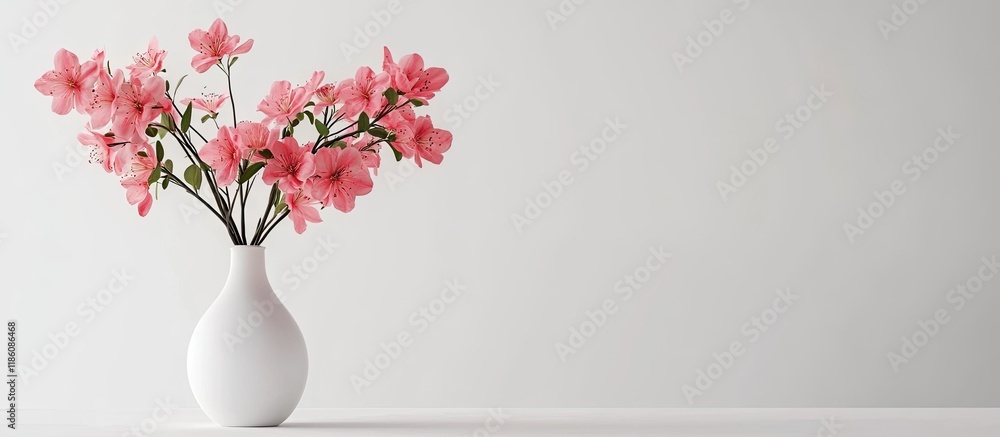 Leinwandbilder artificial pink flowers in a white vase on a white table. with copy space image. place for adding te