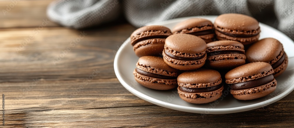 Leinwandbilder a plate of chocolate macarons on a wooden surface. with copy space image. place for adding text or d