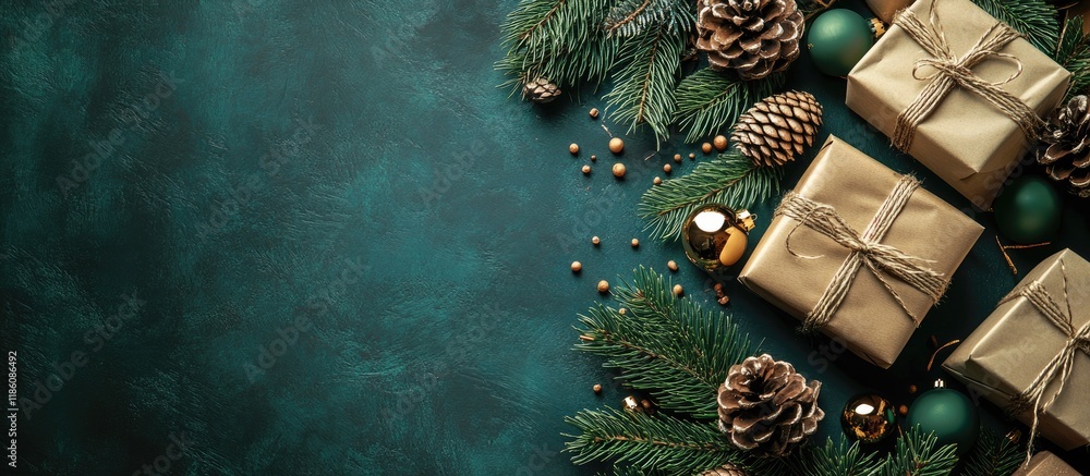 Poster Create gift boxes and presents adorned with Christmas decorations on a craft background. with copy space image. Place for adding text or design