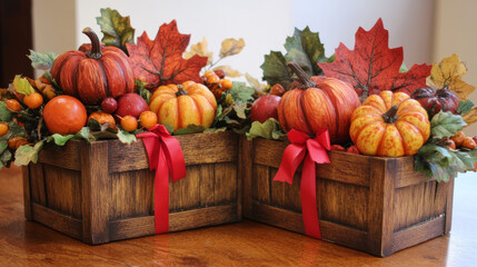 Seasonal harvest baskets with autumn vegetables and decorations. Wicker container and wooden box filled with pumpkins, forest mushrooms, decorated with leaves, polka dot fabric and red ribbon.