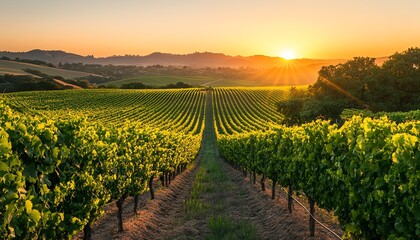 Golden sunlight bathes a farm field with lush greenery, showcasing a peaceful rural landscape at sunset