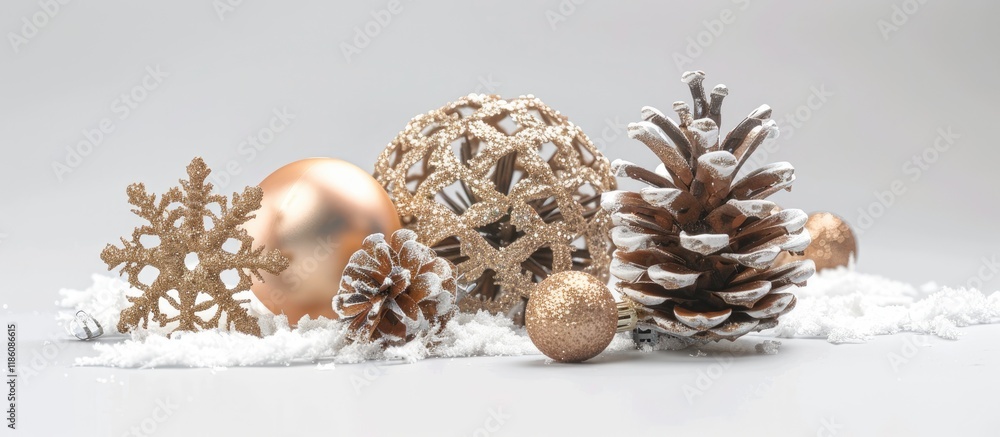 Poster christmas decorations featuring a sparkly pine cone a shiny snowflake and a handmade ball on a white