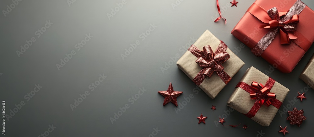 Aufkleber gifts wrapping bow stars set against a gray background. with copy space image. Place for adding text or design