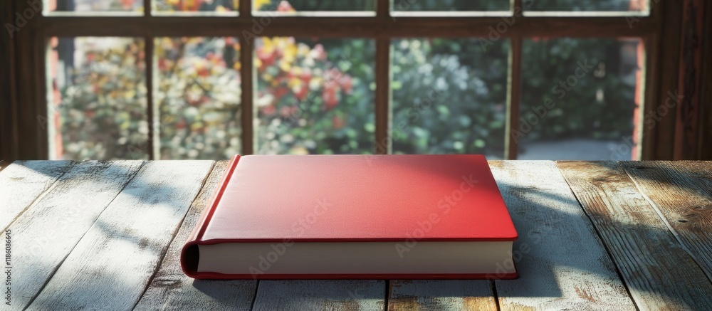 Aufkleber Book with blank pages and a red cover sitting on a wooden table beside the window A workspace for reading or working at home. with copy space image. Place for adding text or design