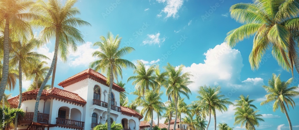 Poster exotic vacation resort featuring palm trees a blue sky and a hotel building on a bright sunny summer