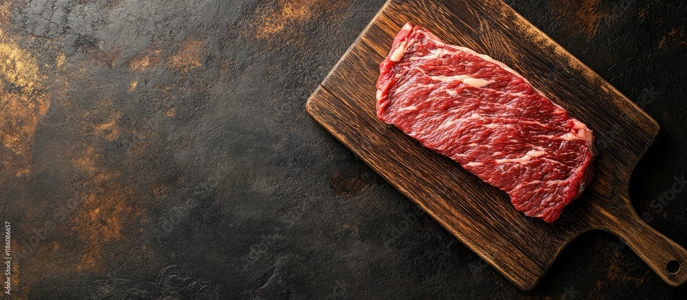 Poster raw dry aged wagyu flank steak viewed from above on a cutting board. with copy space image. place fo
