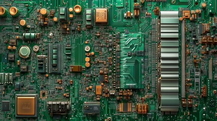 Multi-level motherboard cityscape with raised platform sections, metallic silver components emerging from bright green substrate, complex network of circuitry pathways flowing between processing