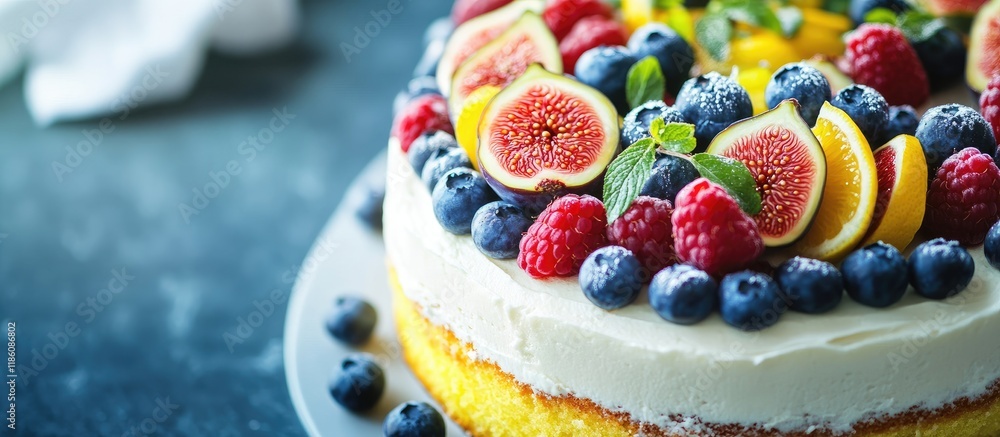 Aufkleber yellow citrus cake adorned with figs raspberries blueberries and lemon. with copy space image. place