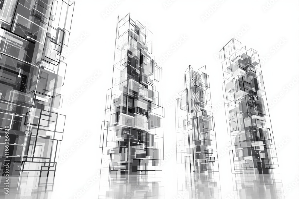 Poster transparent skyscraper structures composed of geometric blocks, presented in a futuristic artistic s