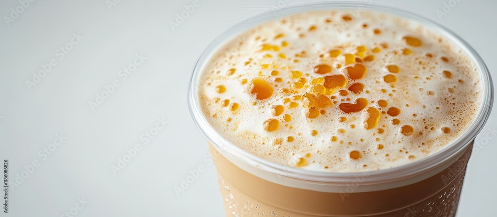 Poster Close up of a plastic cup filled with hot cappuccino coffee topped with caramel foam set against a white background Mock up. with copy space image. Place for adding text or design
