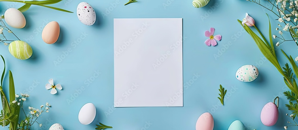 Poster easter greeting card blank paper on a blue background flat lay top view copy space
