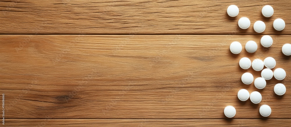 Aufkleber Pills on a wooden surface top view. with copy space image. Place for adding text or design