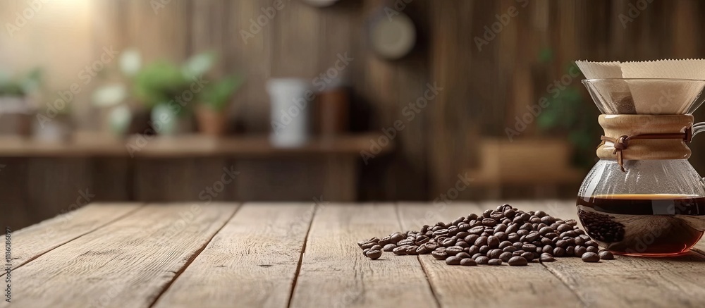 Aufkleber coffee beans and a coffee dripper on the wooden table. with copy space image. place for adding text 