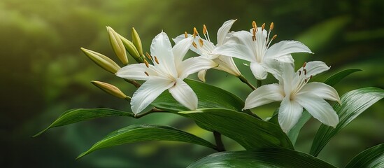 Coronarious Gingerlily Hedychium coronarium is recognized for its white petals and butterfly like shape flowering amid lush green leaves with a powerful scent It flourishes in humid settings and