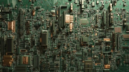 Multi-level motherboard cityscape with raised platform sections, metallic silver components emerging from bright green substrate, complex network of circuitry pathways flowing between processing