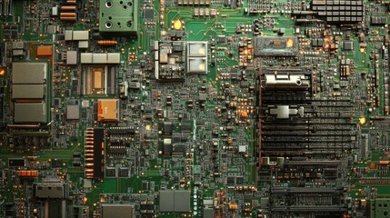 Multi-level motherboard cityscape with raised platform sections, metallic silver components emerging from bright green substrate, complex network of circuitry pathways flowing between processing