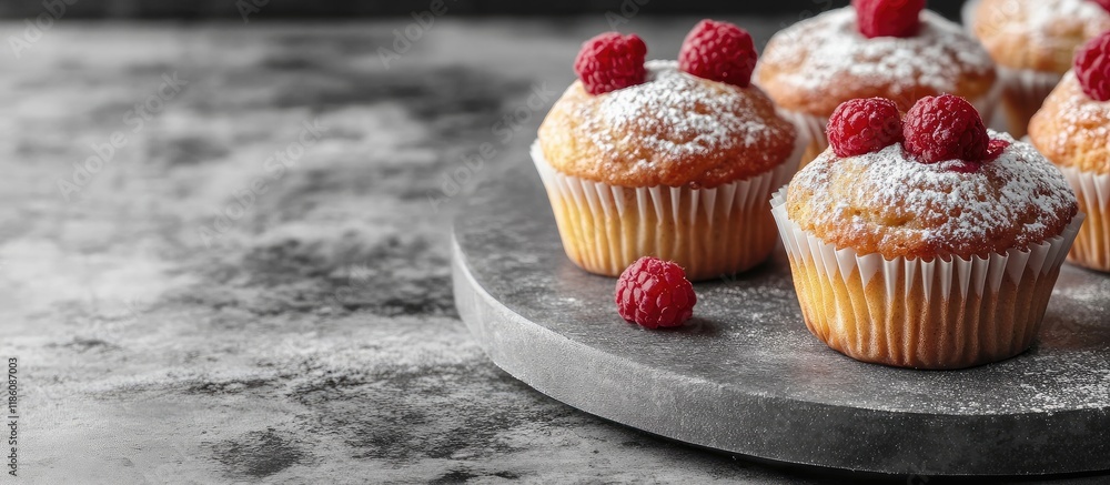 Leinwandbilder tasty sweet muffins on a grey table close up room for text. with copy space image. place for adding 