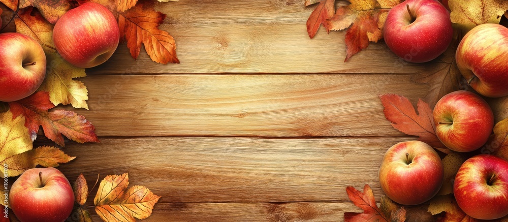 Leinwandbilder autumn border created with apples and maple leaves on a wooden background. with copy space image. pl