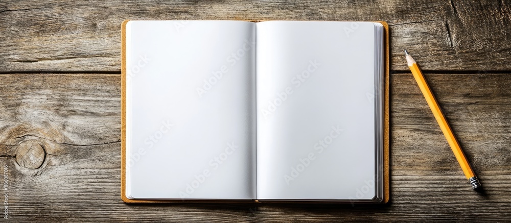Fototapete Top view of a blank open notebook page and a pencil on a wooden table background in an office. with copy space image. Place for adding text or design