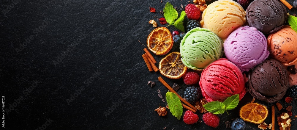 Leinwandbilder multi colored ice cream a unique variety set against a black background featuring berries walnuts ch
