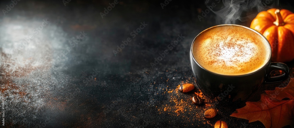 Aufkleber Autumn pumpkin latte coffee on a dark background. with copy space image. Place for adding text or design