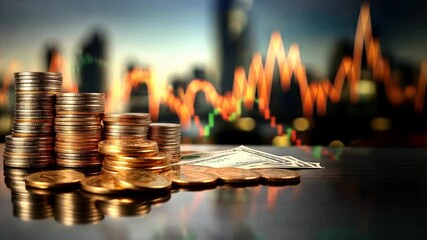 Stacks of coins and money with a city background and stock graph chart highlighting Employee Provident Fund, EPF account growth, employee savings, and benefits