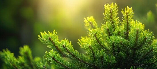 Fototapeta premium Young fir needles emerge in the spring. with copy space image. Place for adding text or design