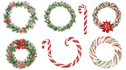 Fototapeta premium Candy cane frames set isolated on transparent background. Vector realistic illustration of round, oval, arch, star shape caramel borders and snowflakes for Christmas card or holiday banner decoration