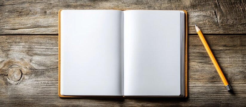 Top view of a blank open notebook page and a pencil on a wooden table background in an office. with copy space image. Place for adding text or design