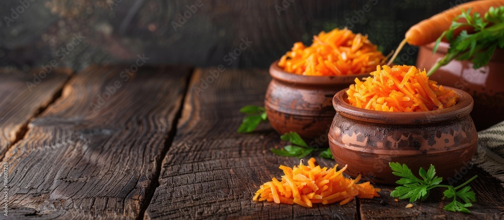 Poster grated carrots in clay pots orange carrots on a dark wooden surface grated carrots in a minimalist s