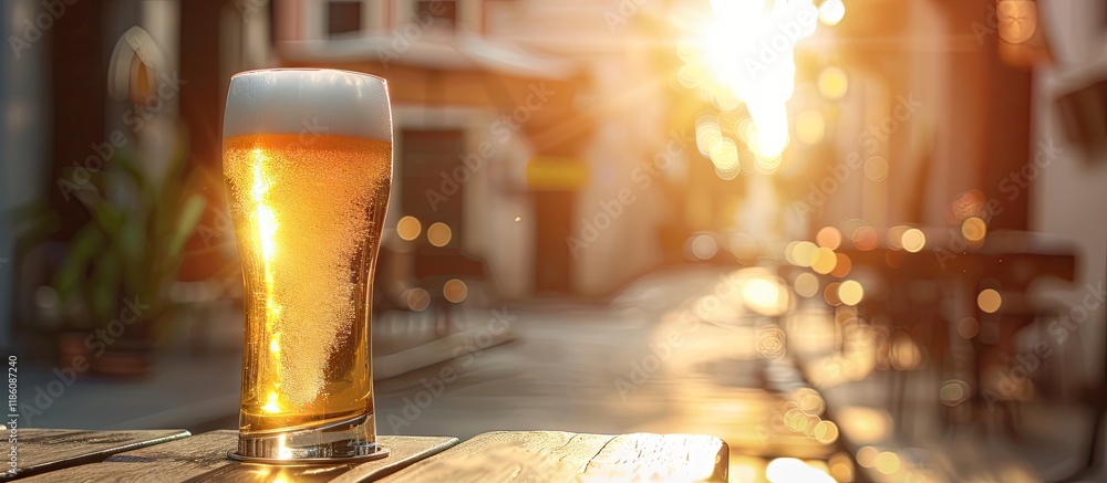 Poster Cold beer in a glass on the table of a street cafe. with copy space image. Place for adding text or design